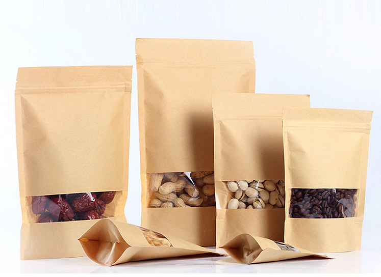 High transparent window kraft paper bag nut food stand up pouch packing bag E